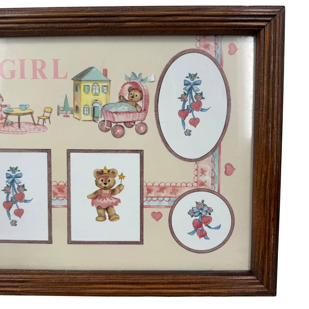 Vintage My Girl Teddy Bear Nursery Wall Art Wood Frame Glass Storybook Decor
